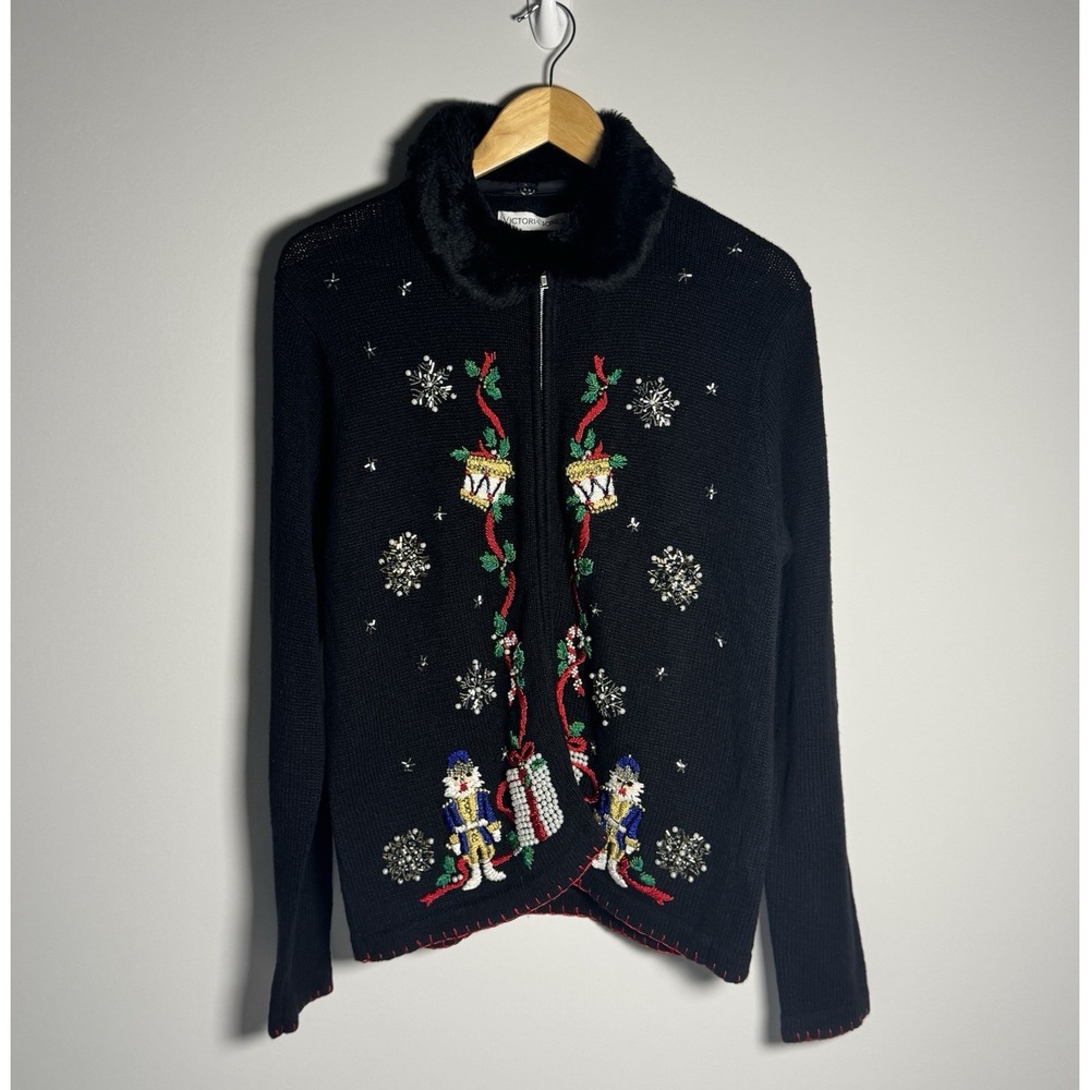 Vtg Victoria Jones Christmas Cardigan M Black Embroidered Zip Front‎ Fur Collar